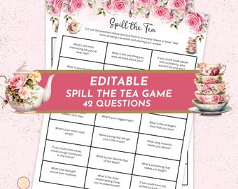Könnte beinhalten: Druckbares "Spill the Tea" Spiel mit 42 Fragen, mit einem rosa Banner mit dem Text "Editable Spill the Tea Game". Die Spielblätter haben ein florales Design und eignen sich für Partys oder Zusammenkünfte.