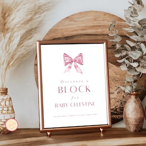 Dekorieren Sie ein Block-Schild, rosa Schleife, Minimalistische Baby-Dusche-Party-Schild-Vorlage, Baby-Block-Dekorier-Spiel, printable und sofortiger Download