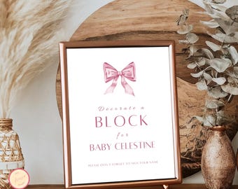 Decora un cartello a blocchi, fiocco rosa, modello di cartello minimalista per baby shower, gioco di decorazione di blocchi per bambini, stampabile e scaricabile immediatamente