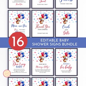 Puede incluir: Un conjunto de 16 carteles imprimibles para una fiesta de bienvenida al bebé con un osito de peluche sosteniendo globos rojos, azules y blancos. Los carteles incluyen texto como "Bar de mimosas", "Gracias por venir", "Tarjetas y regalos", "No digas bebé", "¿Qué tan grande está la barriga de mamá?" y "Libros para el bebé".
