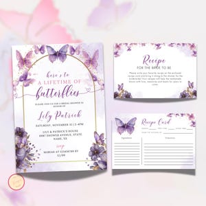 Ensemble d&#39;invitations nuptiales Lifetime of Butterflys, Suite d&#39;invitations nuptiales modifiables avec modèle de carte de recette, Floral violet imprimable, H5X6S