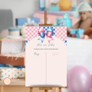Gender Reveal Voting Sign, Guess The Gender Template, He Or She Game, Boy Or Girl, Pinkk, Blue Bow, Minimalist Brunch Party