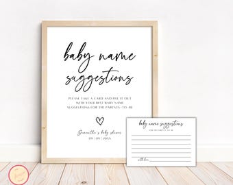 Propozycje imion dla dzieci Znak i szablon karty, Nowoczesny wystrój znaku na baby shower, Neutralny pod względem płci, Minimalistyczny znak na baby shower, Aktywność na baby shower