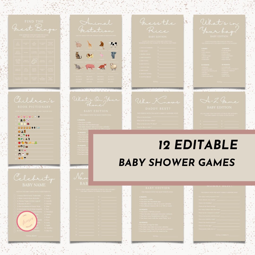 Gender Neutral Baby Shower Games Bundle - 12 Editable Fun Baby Shower ...