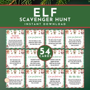 Peut inclure: Un jeu de chasse au trésor de Noël avec 54 cartes. Chaque carte présente une illustration festive et des invites textuelles ludiques. Les cartes sont disposées en grille, avec les mots "ELF SCAVENGER HUNT" en haut. Les mots "INSTANT DOWNLOAD" sont en dessous.