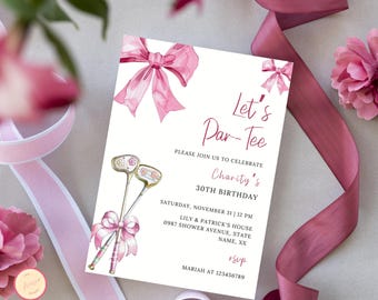 Pink Bow & Club Golf Birthday Invitation, Let&#39;s Par-Tee Invite, Tee Time, Girl Let&#39;s Par Tee Golf Ball Party Invite, Kids Sports Theme Evite
