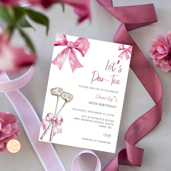 Pink Bow & Club Golf Birthday Invitation, Let's Par-Tee Invite, Tee Time, Girl Let's Par Tee Golf Ball Party Invite, Kids Sports Theme Evite