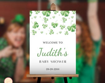 St Patrick's Day Baby Shower Welcome Sign - A Little Shamrock is on the Way Baby Shower - Editable St Patrick's Day Decor Template - Up99