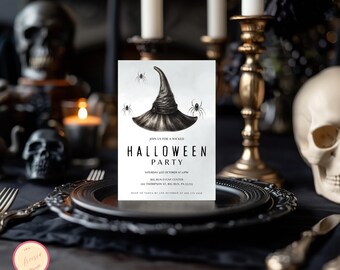 Editable Halloween Witch's Hat Invitation Template - Adult Teen Halloween Party Invitation - Gothic Invite - Costumes & Cocktails Party
