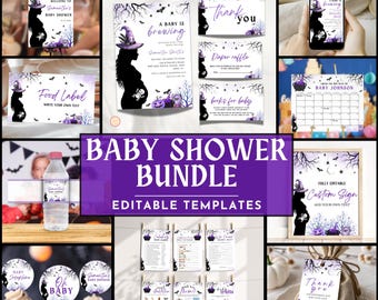 A Baby is Brewing | Purple Halloween Baby Shower Bundle (Editable Template)