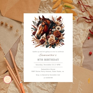 Editable Horse Birthday Invitation, Floral Cowgirl Horse Birthday Party Invite, Equestrian Birthday Invitation Template, Saddle Up