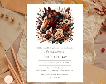 Könnte beinhalten: Eine weiße Einladung mit einer Illustration eines braunen Pferdekopfes, umgeben von Herbstblumen. Der Text lautet "Saddle up and let's gallop on over to celebrate Samantha's 8th Birthday. Saturday, November 31 | 2-4PM. Samantha's House. 0987 Horse Party Avenue, State Name, xx. Rsvp. to Mariah by November 2nd at 123456789."