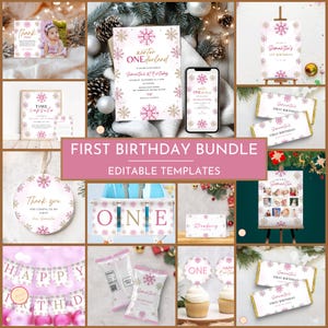 Winter ONEderland Birthday Party Bundle, Girl Pink Snowflake 1st Birthday, First ONEderland Party with Photo, Holiday Birthday Bundle, Z6HVG