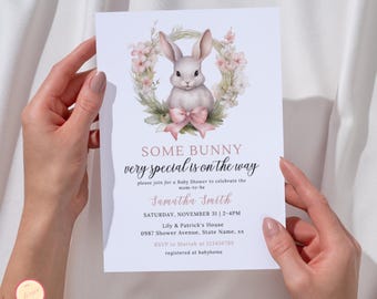 Some Bunny Is On The Way Baby Shower Invitation, Easter Rabbit, Editable Spring Bunny Invite, Baby Sprinkle Printable, Floral Gender Neutral