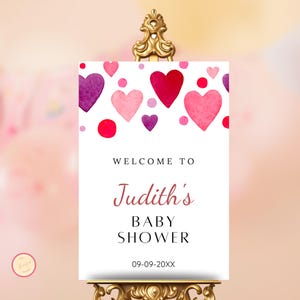 Pink Hearts Valentine&#39;s Day Baby Shower Welcome Sign, Valentine Baby Shower Decor, Pink Baby Girl Shower Poster, Heart Throb Template