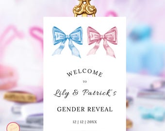 May include: A white sign with blue and pink bows on top. The sign says "Welcome to Lily & Patrick's Gender Reveal 12 | 12 | 20XX".