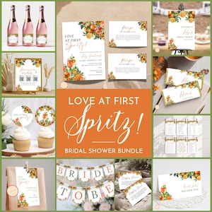 Love at First Spritz Bridal Shower Invitation Bundle, Citrus Bridal Shower Bundle, Editable, Printable Citrus Floral Orange Aperol, D3QST