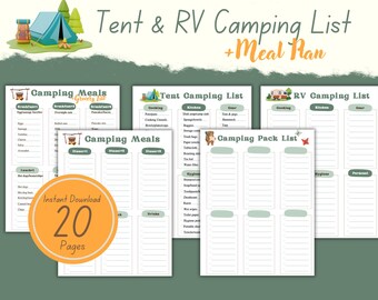 Campingchecklistapaket: Tält och husbil, matplanerare (digital nedladdning)