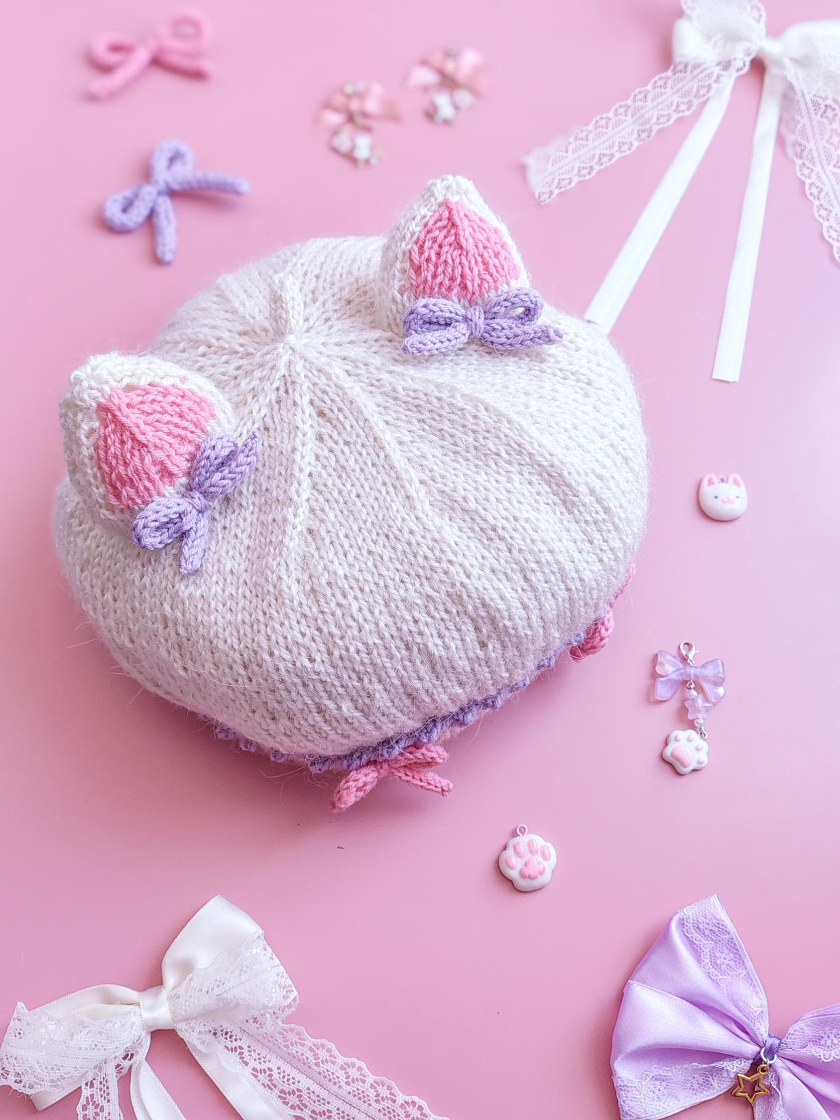 Hand-knit Cat-ear Beret With Bows Custom-fit Warm Mohair