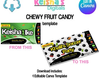 Chewy Fruit Candy Label Canva Template, Blank Editable Party Favor Template