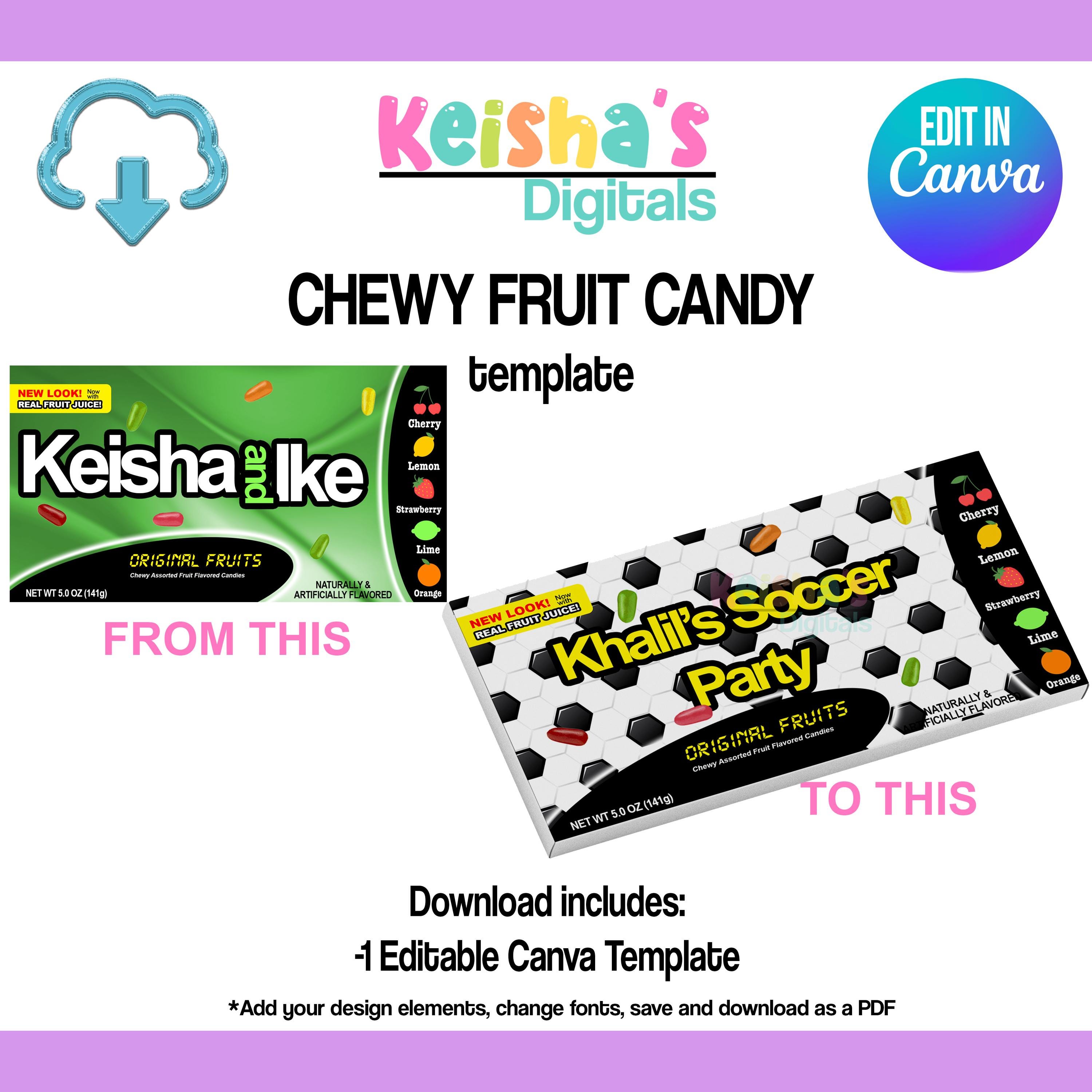 Example Candy Labels Chewy Fruit Candy Label Canva Template, Blank Editable Party Favor ...