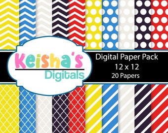 Papel Digital Charmoso Uso Comercial, Bolinhas, Listras Chevrons, Vermelho, Amarelo, Azul, Roxo, Papel Digital Padrão, Download Instantâneo
