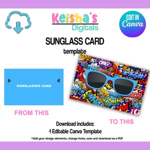 Modelo de cartão de óculos de sol Canva, modelo de lembrancinha de festa, festa faça você mesmo, modelo de festa em branco, modelo editável, festa para impressão
