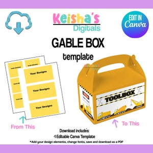 Puede incluir: Una plantilla imprimible para una caja de fuelle con un tema de construcción. La plantilla está diseñada para ser editada en Canva e incluye un diseño de caja de herramientas con fondo amarillo y detalles negros. El texto "TOOLBOX" está impreso en la caja. La plantilla incluye cuatro espacios rectangulares para agregar texto o imágenes.
