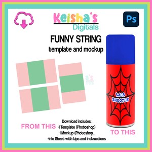 Pode incluir: Uma maquete de um spray vermelho e azul com um design de teia de aranha e o texto "WEB SHOOTER". A maquete mostra como um design simples pode ser transformado em um produto divertido e criativo. O texto "FROM THIS" e "TO THIS" também está incluído na imagem.