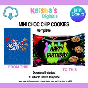 May include: A digital template for mini chocolate chip cookies, featuring a blue and red package design with the text "Mini Cookies Ahoy!" and a black package with bowling pins and "Happy Birthday" text. Edit in Canva.