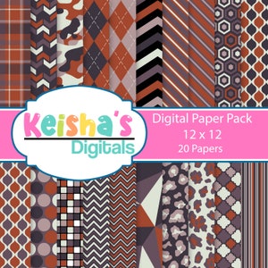 Papel digital temático de outono para uso comercial, listras, pontos, leopardos, divisas, laranjas, marrons, lilases, download instantâneo