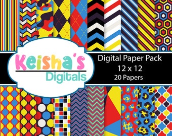 Papel digital de super-herói encantador para uso comercial, listras, pontos, leopardos, divisas, vermelhos, roxos, amarelos, azuis, download instantâneo