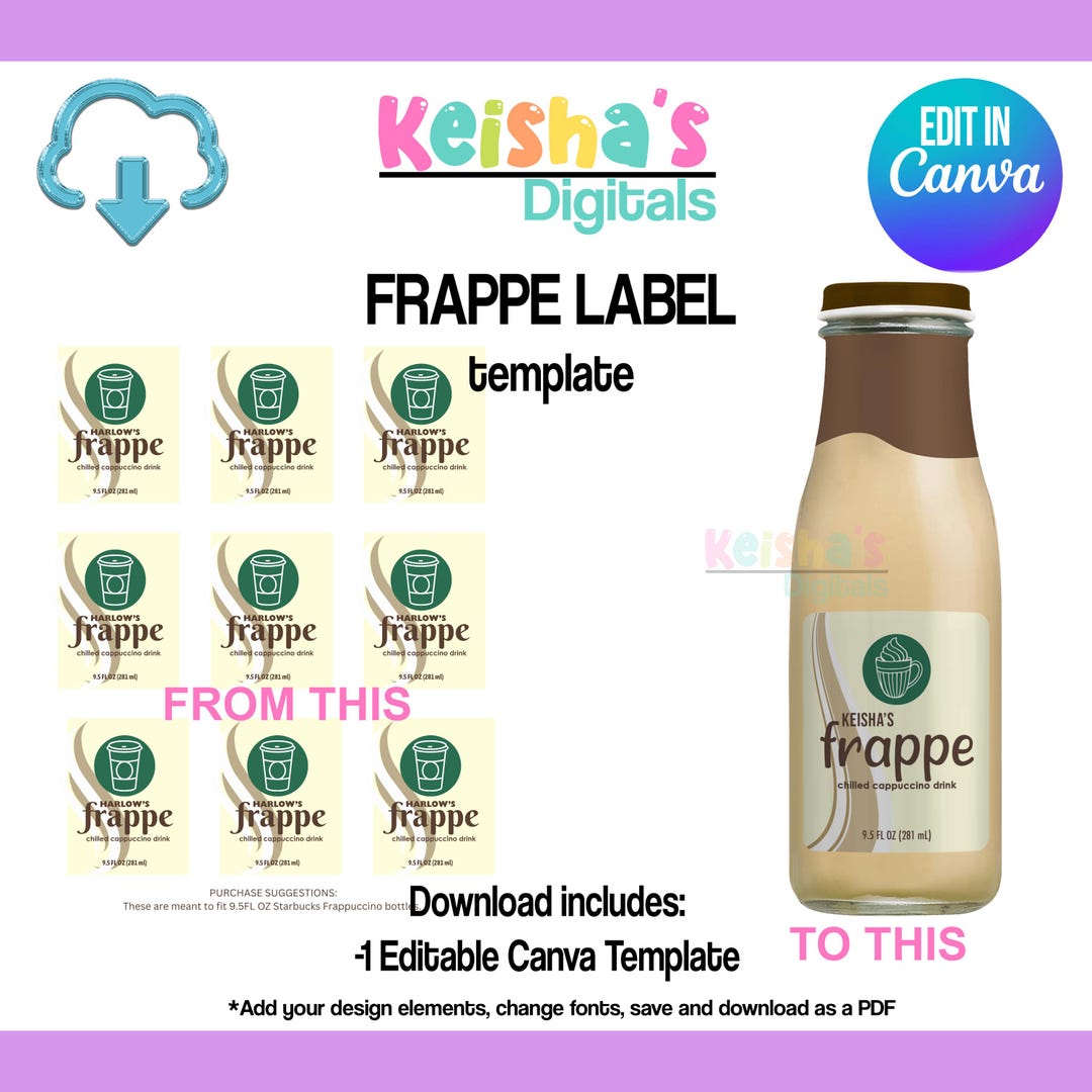 Frappe Label Label Canva Template, Drink Party Favor Template, DIY ...