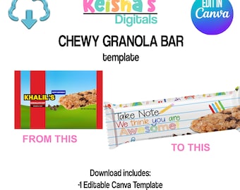Chewy Granola Bar Canva Template, DIY Party Favor (PDF)