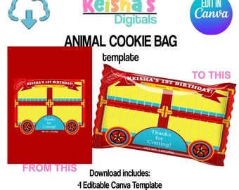 Animal Cookies Crackers bag Canva Template, Party Favor Template, DIY Party, Blank Party Template, Editable Template , Printable Party