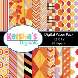 May include: A digital paper pack featuring 20 sheets with various patterns in shades of orange, yellow, red, and purple. Patterns include stripes, geometric shapes, and argyle. The pack is labeled "Keisha's Digitals" and is 12 x 12 inches.