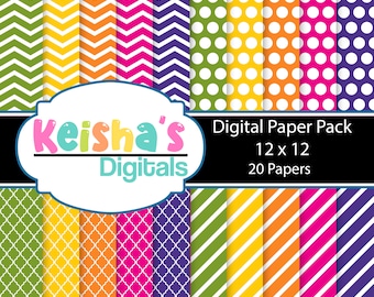 May include: A digital paper pack featuring 20 different patterns in a variety of colours, including green, yellow, orange, pink, and purple. The patterns include chevron, polka dots, stripes, and trellis designs. The pack is 12 x 12 inches.