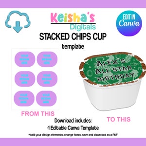 May include: Editable template for a stacked chips cup featuring a green and brown football-themed design with the text "Alex's All Star Birthday".