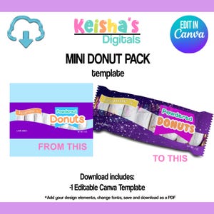 May include: A template for a mini donut pack design, with a purple and blue colour scheme. The design includes text that reads "Powdered Donuts" and "Jasmine's". The image shows a before and after comparison of the design.