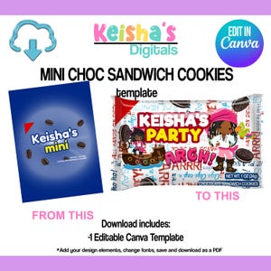May include: A digital template for mini chocolate sandwich cookies, featuring a blue package with "Keisha's mini" and a bag design with "Keisha's Party" and pirate-themed graphics. Includes a Canva template.