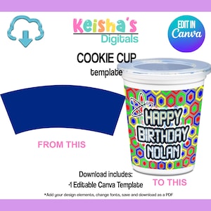 Op de afbeelding: Bewerkbare cookie cup-sjabloon voor Canva. De sjabloon heeft een blauw en wit ontwerp met de tekst "Happy Birthday Nolan".