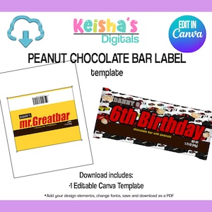 Peanut Chocolate Bar Canva Template, Party Favor Template, DIY Party, Blank Party Template, Editable Template , Printable Party