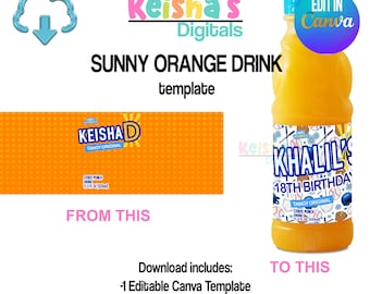 Sunny Orange Drink Canva Template, DIY Party Favor (PDF)