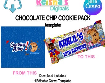 Chocolate Chip Cookie Canva Template, DIY Party Favor (PDF)