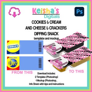 May include: Digital design template for dipping snacks, featuring "Cookies & Cream" and "Cheese & Crackers" options. The design includes a "Happy Birthday" theme, with a pink and black checkered pattern. The image shows a before and after of the snack packaging.