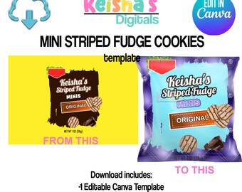 Mini Striped Fudge Cookies Label Canva Template, Blank DIY Party Favor Template