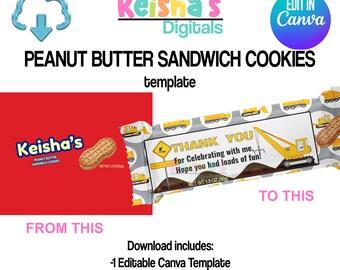 Peanut Butter Sandwich Cookies Canva Template, DIY Party Favor (PDF)