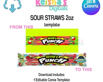 Sour Straws Label Canva Template, Blank DIY Party Favor Template
