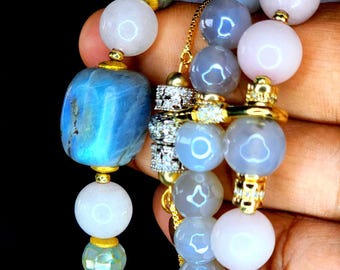 Women's One of a Kind & Handmade Pink and Gray Gemstone Beaded Bracelet Stack; Jewelry Sets