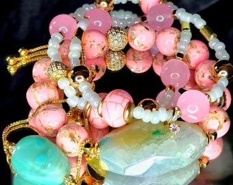 Women's One of a Kind & Boho, Pink and Teal Gemstone Beaded Bracelet Stack; Handmade Jewelry